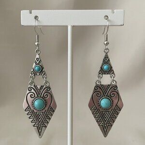 Southwestern Silver Tone Faux Turquoise Pierced Earrings